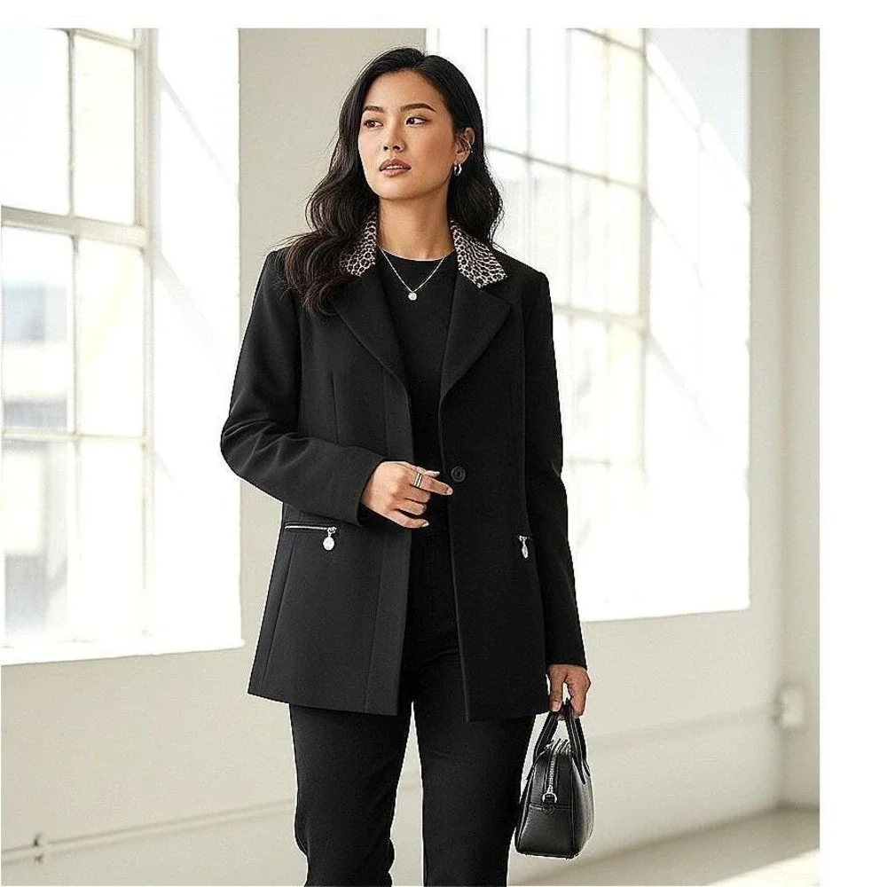 Vintage Black Wool Winter Coat Leopard Collar Quiet‎ Luxury Parisian Chic 9 10